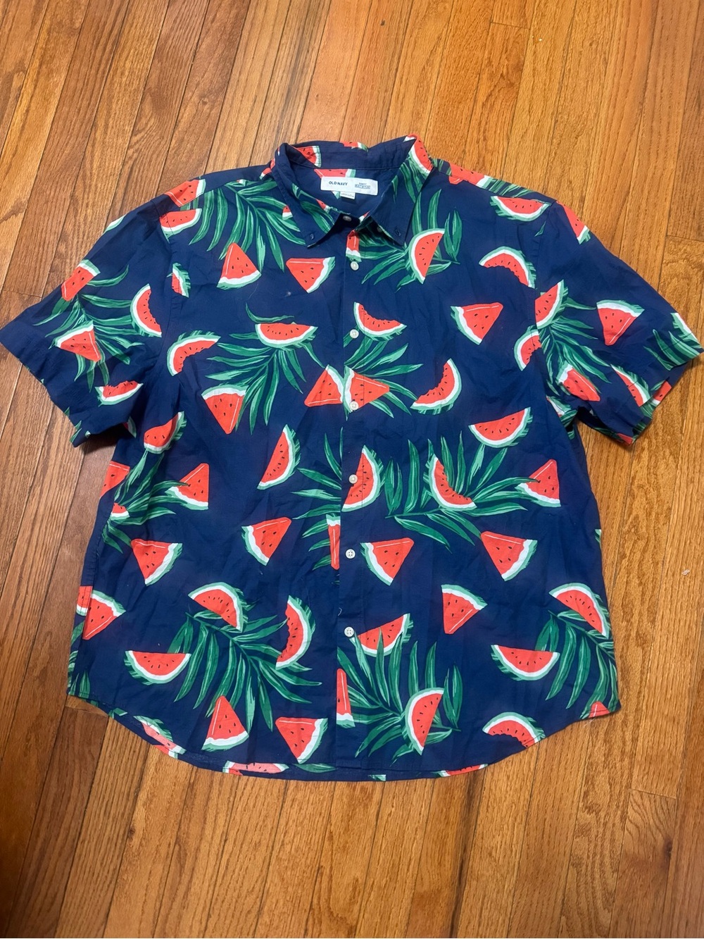 Old Navy Navy Short-Sleeve Button-Down with Watermelon Print